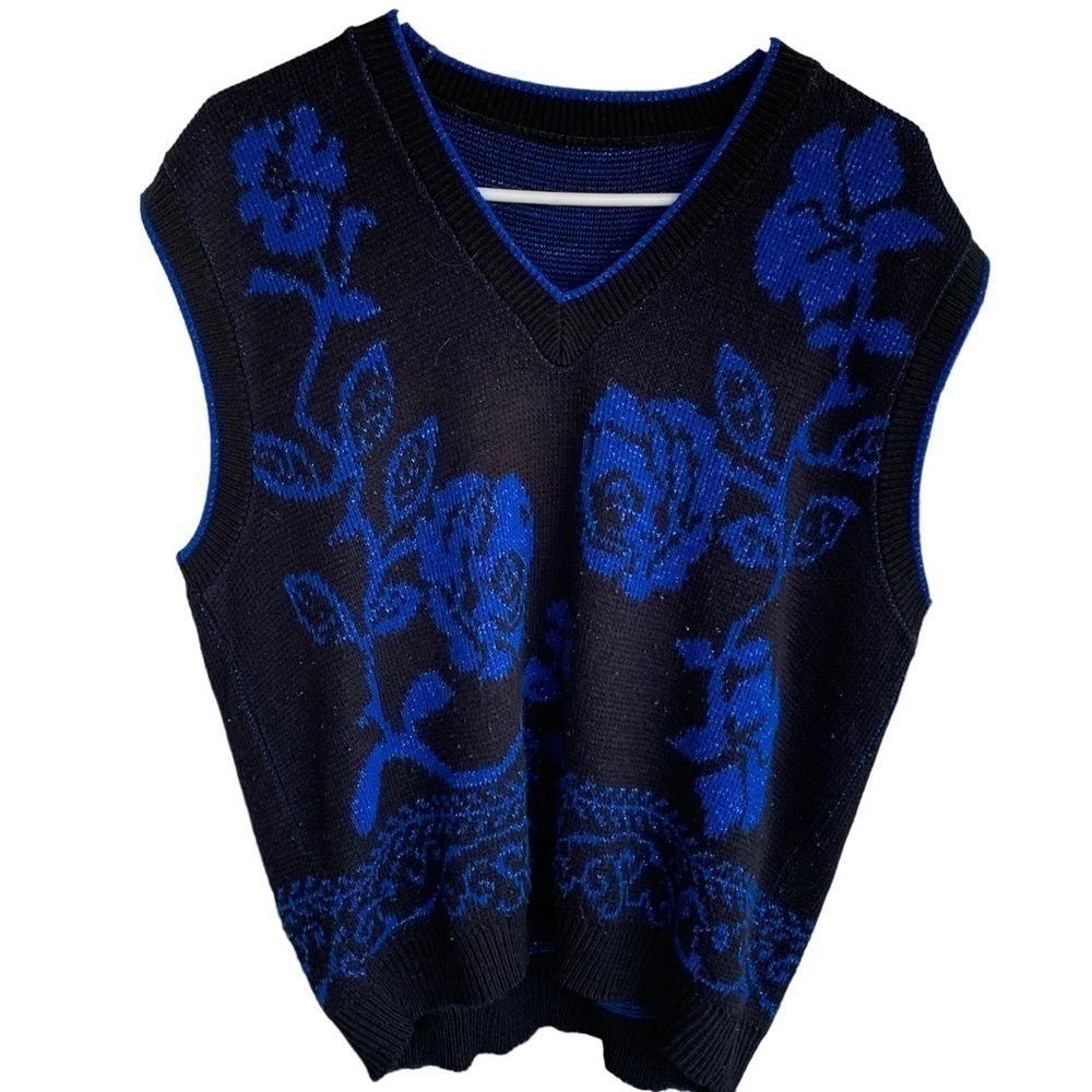 Vintage 90s Sweater Vest Roses Floral Pattern Blue Black Adult Size Medium 1991